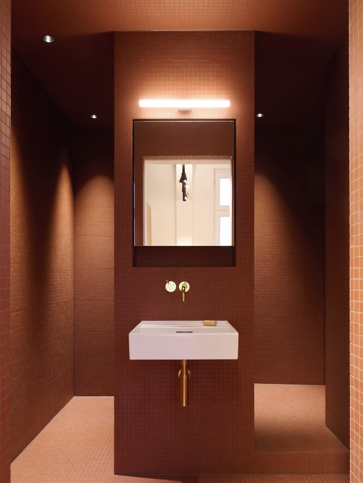 Gäste-WC in warmen Terrakotta-Mosaikfliesen mit weißem Aufsatzwaschbecken, Messingarmatur und Spiegelschrank aus Rüster